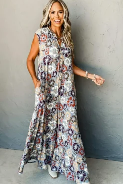 New Dear-Lover Floral Sleeveless Buttoned Pocketed Wide Leg Jumpsuit Sky Blue