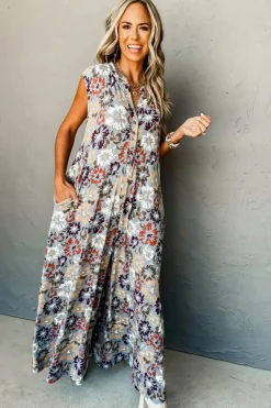 New Dear-Lover Floral Sleeveless Buttoned Pocketed Wide Leg Jumpsuit Sky Blue