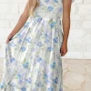 New Dear-Lover Floral Smocked High Waist Double Ruffle Sleeveless Long Dress Sky Blue