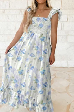 New Dear-Lover Floral Smocked High Waist Double Ruffle Sleeveless Long Dress Sky Blue