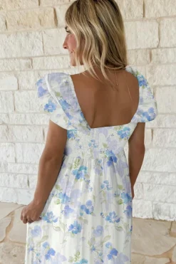 New Dear-Lover Floral Smocked High Waist Double Ruffle Sleeveless Long Dress Sky Blue