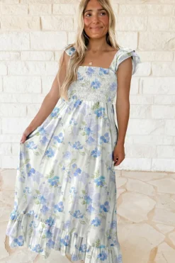 New Dear-Lover Floral Smocked High Waist Double Ruffle Sleeveless Long Dress Sky Blue