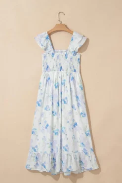 New Dear-Lover Floral Smocked High Waist Double Ruffle Sleeveless Long Dress Sky Blue