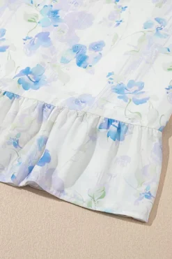 New Dear-Lover Floral Smocked High Waist Double Ruffle Sleeveless Long Dress Sky Blue