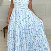 Hot Dear-Lover Floral Smocked Tied Straps A-Lined Tiered Maxi Dress Sky Blue