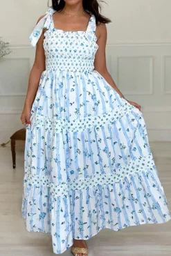 Hot Dear-Lover Floral Smocked Tied Straps A-Lined Tiered Maxi Dress Sky Blue