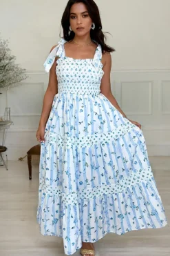 Hot Dear-Lover Floral Smocked Tied Straps A-Lined Tiered Maxi Dress Sky Blue
