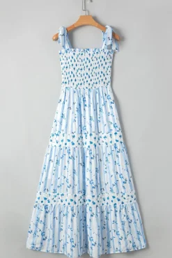 Hot Dear-Lover Floral Smocked Tied Straps A-Lined Tiered Maxi Dress Sky Blue