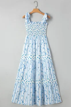 Hot Dear-Lover Floral Smocked Tied Straps A-Lined Tiered Maxi Dress Sky Blue
