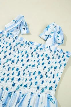 Hot Dear-Lover Floral Smocked Tied Straps A-Lined Tiered Maxi Dress Sky Blue