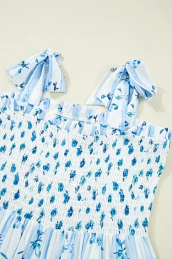 Hot Dear-Lover Floral Smocked Tied Straps A-Lined Tiered Maxi Dress Sky Blue