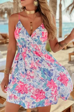 Outlet Dear-Lover Floral Spaghetti Strap Surplice Neck Shirred Waist Mini Dress Sky Blue