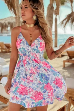 Outlet Dear-Lover Floral Spaghetti Strap Surplice Neck Shirred Waist Mini Dress Sky Blue