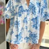 Best Dear-Lover Floral Tiered Puff Short Sleeve Pleated Bust Buttoned Casual Shirt Sky Blue