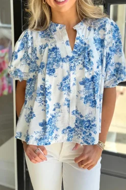 Best Dear-Lover Floral Tiered Puff Short Sleeve Pleated Bust Buttoned Casual Shirt Sky Blue