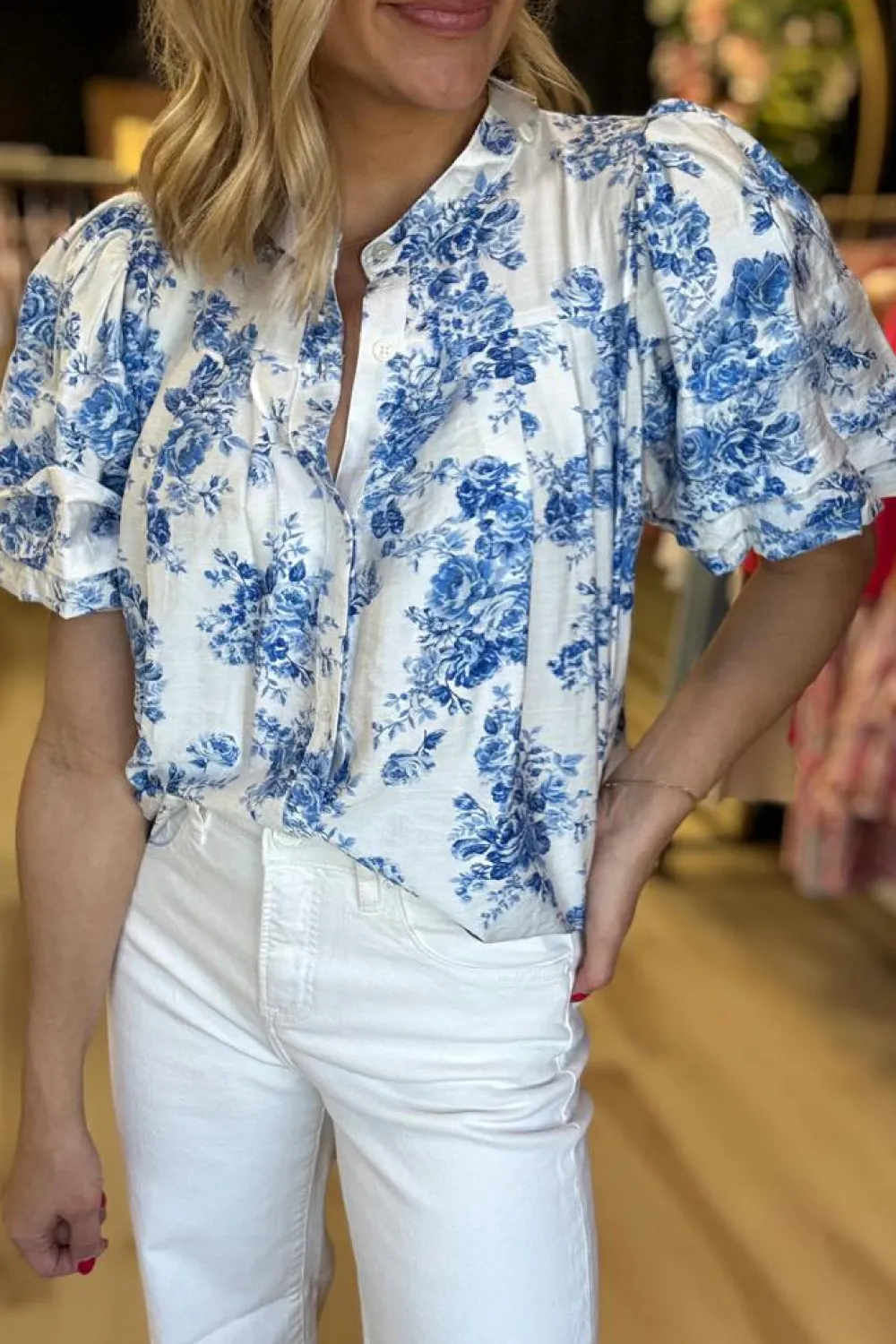 Best Dear-Lover Floral Tiered Puff Short Sleeve Pleated Bust Buttoned Casual Shirt Sky Blue