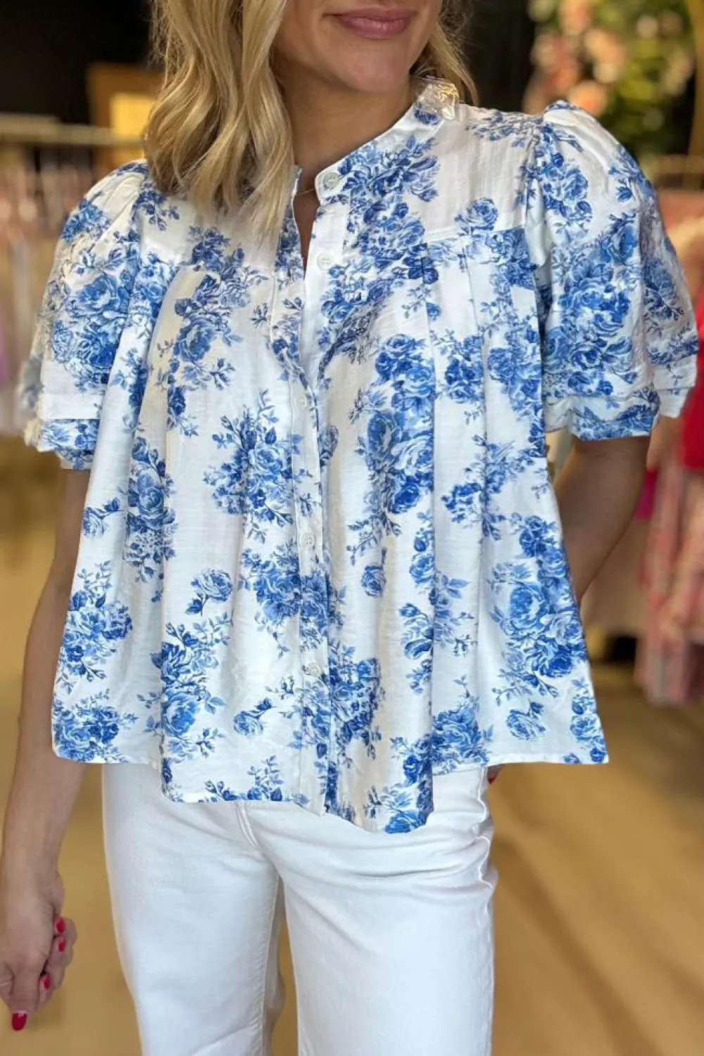 Best Dear-Lover Floral Tiered Puff Short Sleeve Pleated Bust Buttoned Casual Shirt Sky Blue