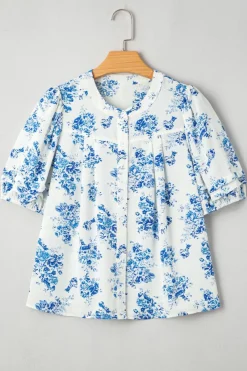Best Dear-Lover Floral Tiered Puff Short Sleeve Pleated Bust Buttoned Casual Shirt Sky Blue