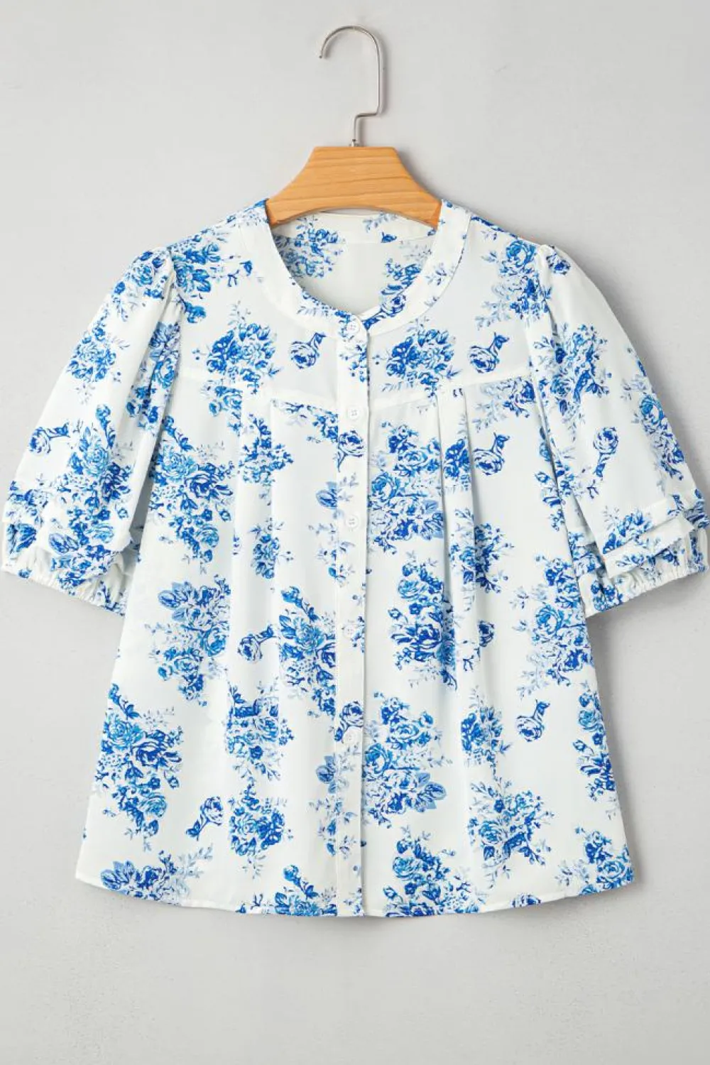Best Dear-Lover Floral Tiered Puff Short Sleeve Pleated Bust Buttoned Casual Shirt Sky Blue