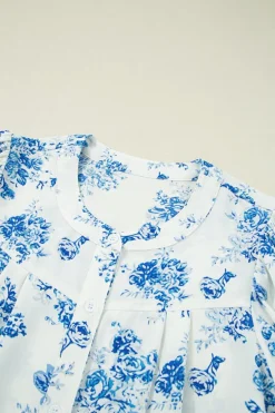 Best Dear-Lover Floral Tiered Puff Short Sleeve Pleated Bust Buttoned Casual Shirt Sky Blue