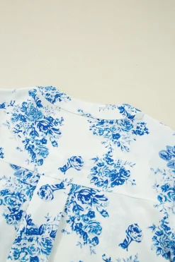 Best Dear-Lover Floral Tiered Puff Short Sleeve Pleated Bust Buttoned Casual Shirt Sky Blue