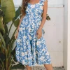 Discount Dear-Lover Floral U Neck Flutter Shoulder Tiered Flowy Midi Dress Sky Blue