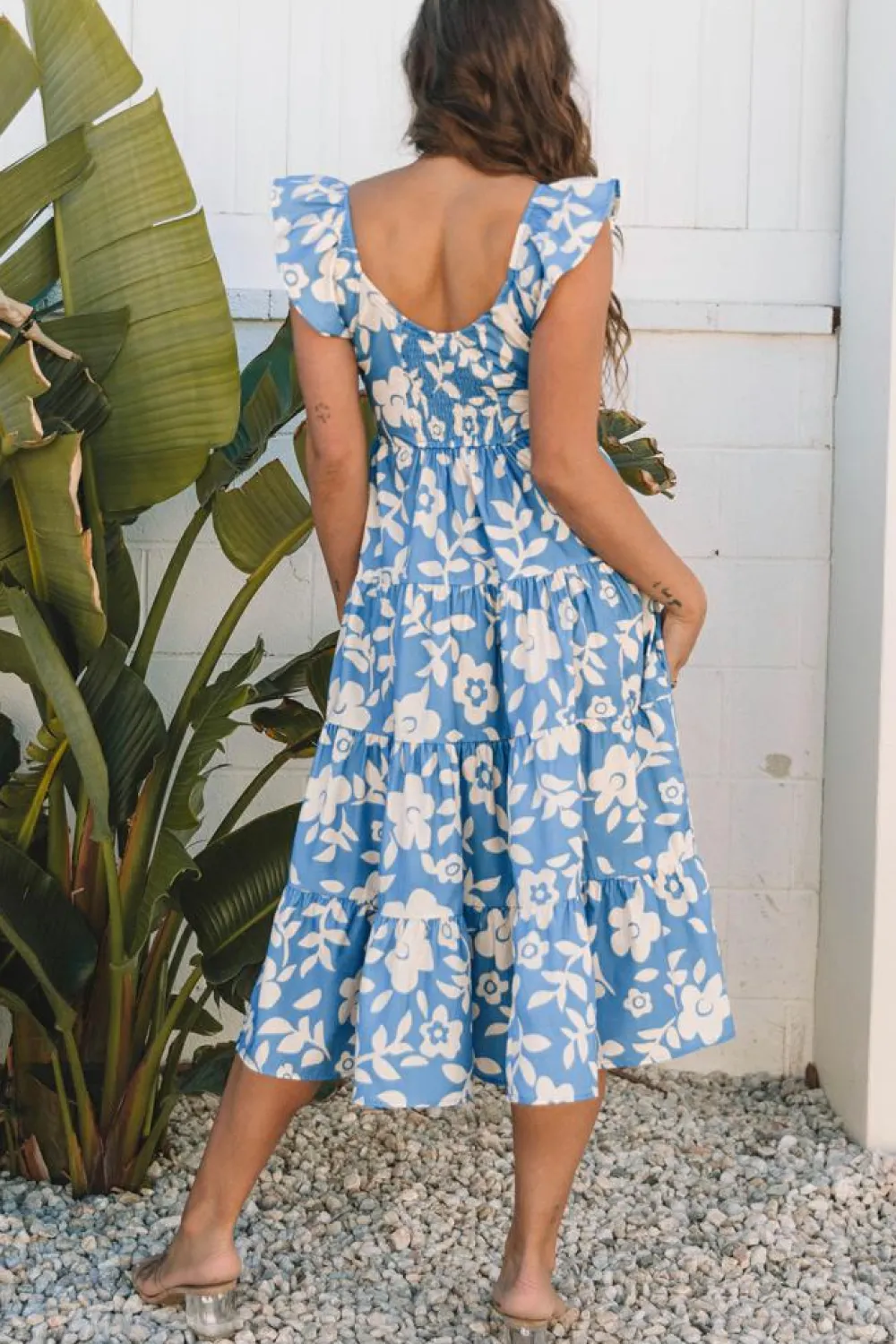 Discount Dear-Lover Floral U Neck Flutter Shoulder Tiered Flowy Midi Dress Sky Blue