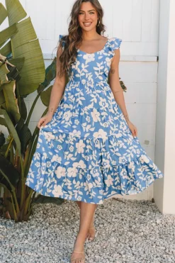 Discount Dear-Lover Floral U Neck Flutter Shoulder Tiered Flowy Midi Dress Sky Blue