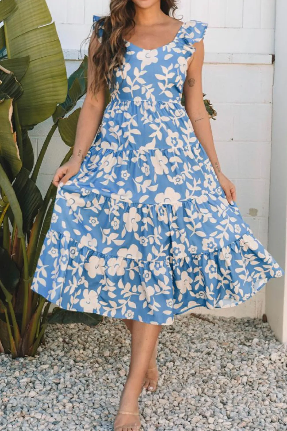 Discount Dear-Lover Floral U Neck Flutter Shoulder Tiered Flowy Midi Dress Sky Blue
