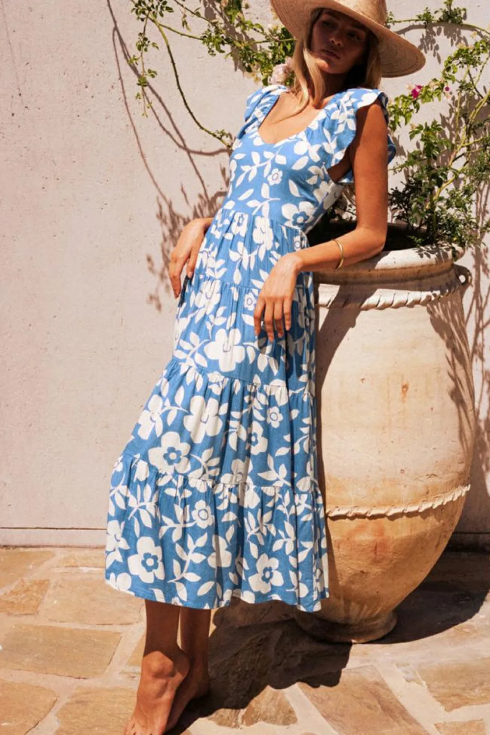 Discount Dear-Lover Floral U Neck Flutter Shoulder Tiered Flowy Midi Dress Sky Blue