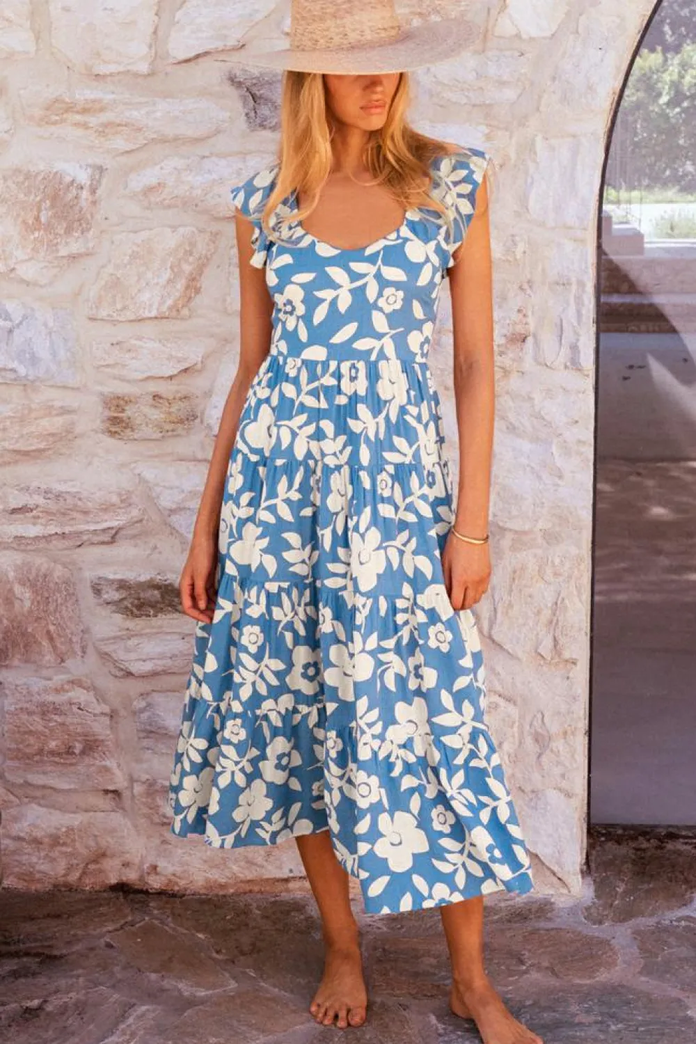 Discount Dear-Lover Floral U Neck Flutter Shoulder Tiered Flowy Midi Dress Sky Blue