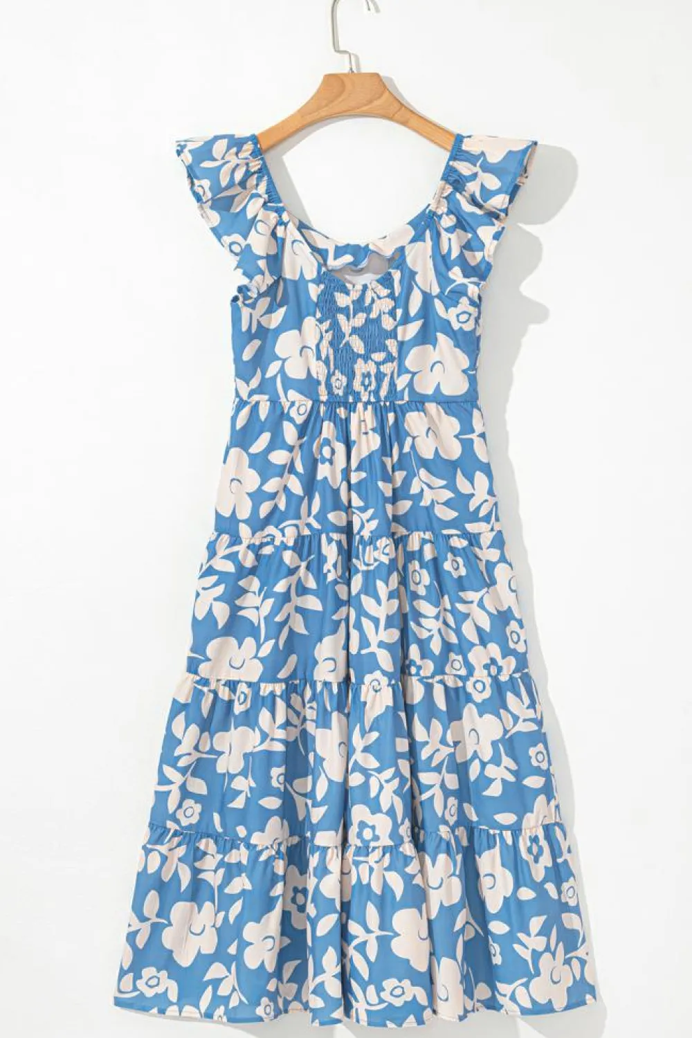 Discount Dear-Lover Floral U Neck Flutter Shoulder Tiered Flowy Midi Dress Sky Blue