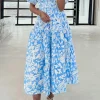 Best Dear-Lover Floral V Neck Puff Short Sleeve Flowy Long Dress Sky Blue