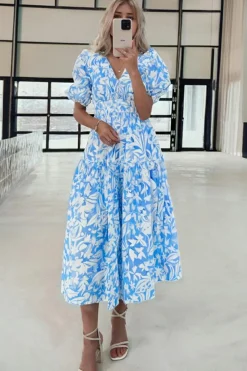 Best Dear-Lover Floral V Neck Puff Short Sleeve Flowy Long Dress Sky Blue