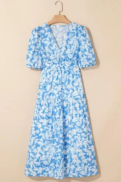 Best Dear-Lover Floral V Neck Puff Short Sleeve Flowy Long Dress Sky Blue