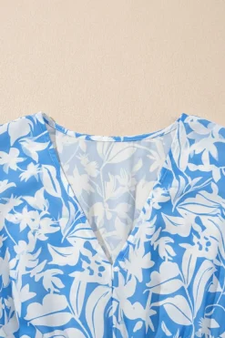 Best Dear-Lover Floral V Neck Puff Short Sleeve Flowy Long Dress Sky Blue