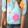 Best Dear-Lover Flower Print Bubble Sleeve Tee Sky Blue