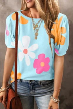 Best Dear-Lover Flower Print Bubble Sleeve Tee Sky Blue