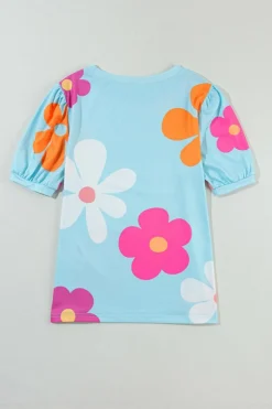 Best Dear-Lover Flower Print Bubble Sleeve Tee Sky Blue
