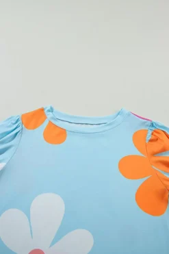 Best Dear-Lover Flower Print Bubble Sleeve Tee Sky Blue
