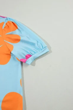 Best Dear-Lover Flower Print Bubble Sleeve Tee Sky Blue