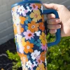 Online Dear-Lover Flower Print Stainless Steel Large Vacuum Cup Sky Blue