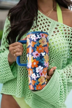 Online Dear-Lover Flower Print Stainless Steel Large Vacuum Cup Sky Blue