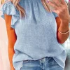Online Dear-Lover Flutter Sleeve Frilled Neck Textured Blouse Sky Blue