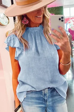 Online Dear-Lover Flutter Sleeve Frilled Neck Textured Blouse Sky Blue