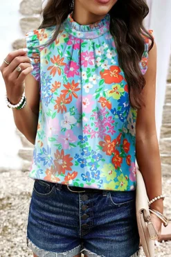 Best Dear-Lover Frilled Collar Floral Vest Sky Blue