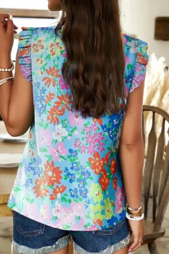 Best Dear-Lover Frilled Collar Floral Vest Sky Blue