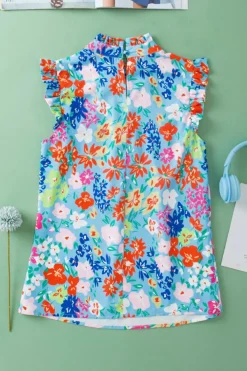 Best Dear-Lover Frilled Collar Floral Vest Sky Blue