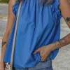 Clearance Dear-Lover Frilled Neck Ruffled Armholes Buttoned Back Tank Top Sky Blue