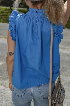 Clearance Dear-Lover Frilled Neck Ruffled Armholes Buttoned Back Tank Top Sky Blue